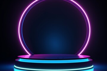 Symmetrical futuristic room with a neon circle podium, 3D space, and dramatic lighting for showcasing products. Made with generative AI technology