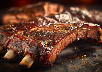 Pork spare ribs with pepper and barbeque sauce on table.Macro.AI Generative