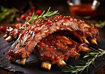 Marinated pork spareribs with barbeque sauce and rosemary.Macro.AI Generative