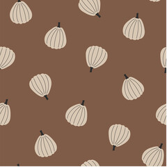 Halloween seamless pattern. Pumpkins on a brown background. Happy Halloween vector illustration. Cartoon background.