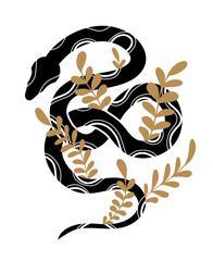 Luxurious illustration of a decorative swirled snake with stems and foliage. Anaconda clipart with natural decoration.