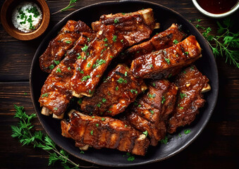 Large plate with grilled spare ribs and barbeque sauce on table.Macro.AI Generative