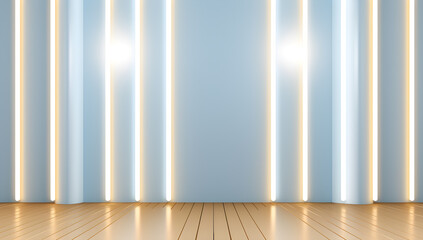 Wooden Floor in Front of Blue Wall with Neon Lights: A Photo of Modern Interior Design