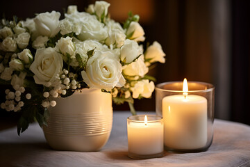 Fototapeta na wymiar Elegant White Candles and Roses Arrangement