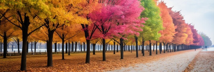 Colorful Row Of Trees In A Park Beautiful Park Scenes, Diversity Of Tree Types, Colorful Seasonal Palettes, Park Maintenance Tips, Health Benefits Of Trees