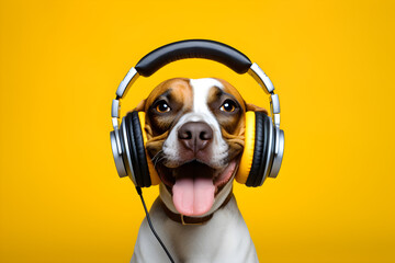 funny studio portrait of a dog wearing headphones