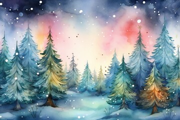 Fototapeta premium Watercolor magical forest with Christmas trees and glowing bokeh lights Generative AI