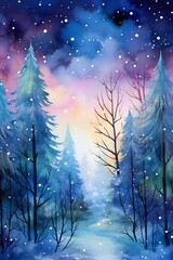 Watercolor magical forest with Christmas trees and glowing bokeh lights Generative AI