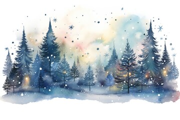 Obraz premium Watercolor magical forest with Christmas trees and glowing bokeh lights Generative AI