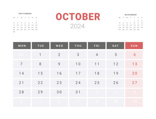 Calendar Template of october 2024. Vector layout simple calendar with week start Monday.