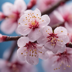 Beautiful pink cherry blossoms bloomed on the branches.