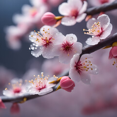 Beautiful pink cherry blossoms bloomed on the branches.