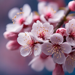 Beautiful pink cherry blossoms bloomed on the branches.