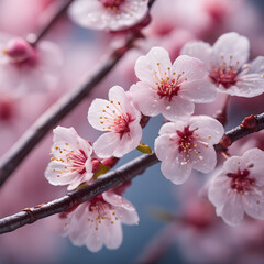 Beautiful pink cherry blossoms bloomed on the branches.