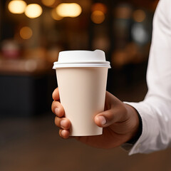 Closeup photo of hand holding a paper coffee to go cup with plastic lid, disposable craft coffee to go mug with no label or print, blank cup for branding, blurred cafe background