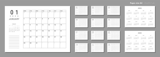 Set of Monthly pages Calendar Planner Templates 2024-2025 with note for wall or desk. Vector layout of calendar with week start Monday for print. Pages for size A4 or 21x29.7 cm