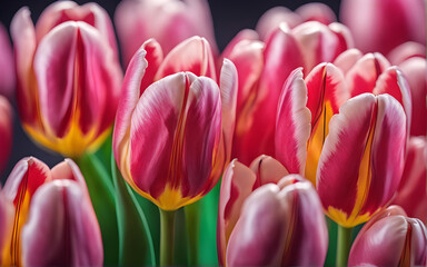 Beautiful colorful tulips. Macro view, focus, close-up. Blurry background.