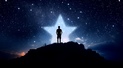 a man stand on the hill, overlooking the night sky with a Big star, the star of the night in slumber background