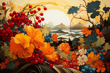 Fototapeta na wymiar Autumn landscape with flowers, berries and mountains. Vector like illustration