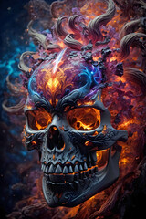 Wild Colorful Abstract Fire Infused Skull Print on a Black Baxckground