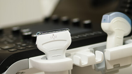 Close-up photo of an ultrasound scanner. Diagnostics. Sonography. Modern ultrasound machine.