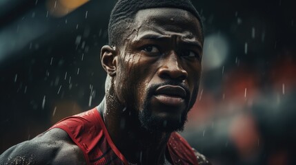 A black male sprinter at the Olympics close-up. Strong-built athlete portrait, generative AI