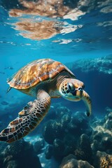 Obraz premium Sea Turtle swimming, underwater in a shallow sea. generative ai