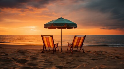 Sunset at the tropical sandy beach, two empty chairs, and an umbrella, a relaxing vacation concept. generative ai - obrazy, fototapety, plakaty