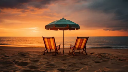 Foto op Plexiglas Sunset at the tropical sandy beach, two empty chairs, and an umbrella, a relaxing vacation concept. generative ai © nilanka