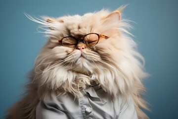funny studio portrait of a fluffy cat wearing glasses