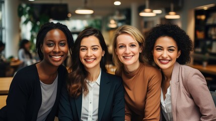 Fototapeta premium Happy multi-ethnic smiling businesswomen posing together in a coffee shop. generative ai