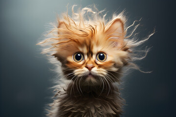 funny studio portrait of a scruffy fluffy kitten - obrazy, fototapety, plakaty