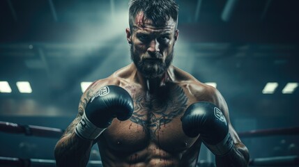 Fototapeta na wymiar A tattooed boxer in the ring, ready to fight. generative ai