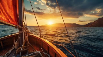 sailboat at sunset, small boat close-up photo sailing to the sunset. - obrazy, fototapety, plakaty