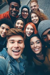 Young diverse community of college students selfie photo. generative ai