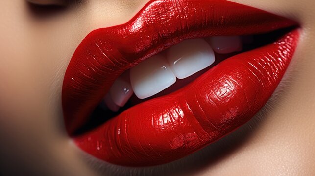 Red lips close-up, sensual woman open mouth, white teeth, beautiful perfect glossy red lipstick makeup, generative ai