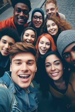 Young Diverse Community Of College Students Selfie Photo. Generative Ai