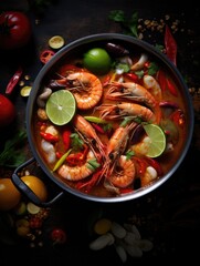 Tom yum dish, Thailand's iconic soup, a spicy, sour delight made with fragrant lemongrass, chilies, and an assortment of seafood, generative ai