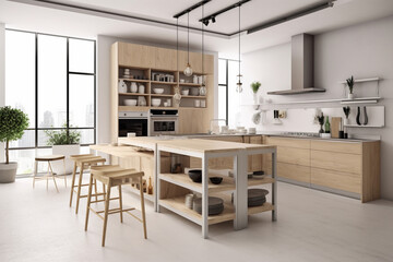 Stylish kitchen interior with bar island and stool, side view on white concrete floor. Kitchenware and decoration, cooking area with panoramic window on tropics.