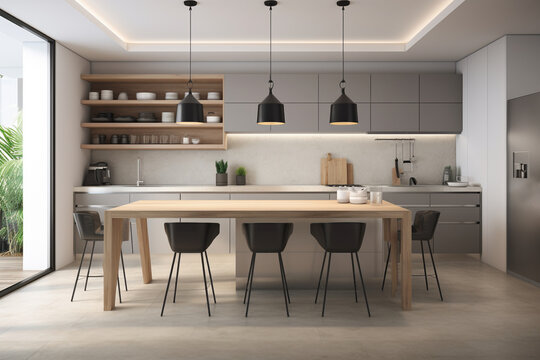 Beige cooking interior with bar chairs and countertop on hardwood floor. Kitchenware and appliances.