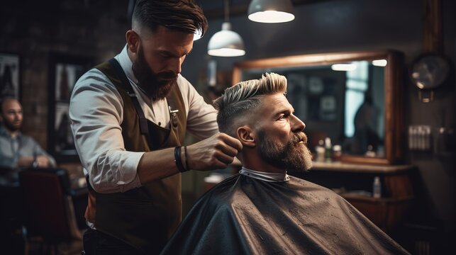 Man getting a haircut in a barbershop, AI generated Image