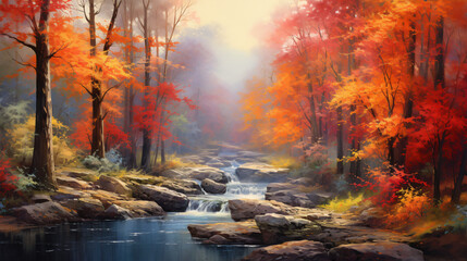 An enchanting autumn tableau unfolds a misty landscape