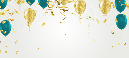 Gold balloons, and green confetti and streamers on white background. Vector illustration.