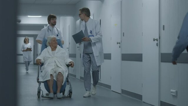 Doctor pushes transfer wheelchair with female patient walking along the clinic corridor. Medics take elderly woman on procedures or to operating room. Medical staff and patients in hospital hallway.