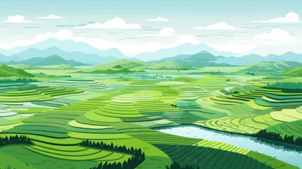 Badezimmer Foto Rückwand Illustration cartoon rice fields, AI generated Image © musa