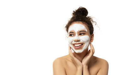 PNG,attractive girl with cream on her facet, isolated on white background