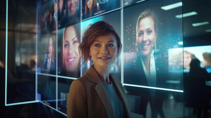 A HUD screen projecting virtual avatars of coworkers in a digital office environment