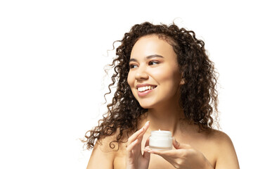 PNG,attractive girl with face cream in handst, isolated on white background