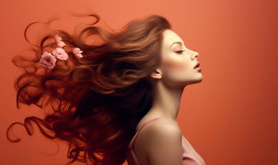 Fototapeta na wymiar portrait of a woman with brown hair Orange background 