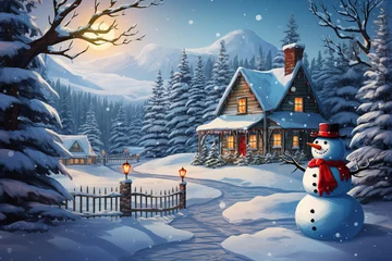Gordijnen Christmas card with a snowman in front of snow-covered houses in the forest on Christmas night, AI generation © Volodymyr